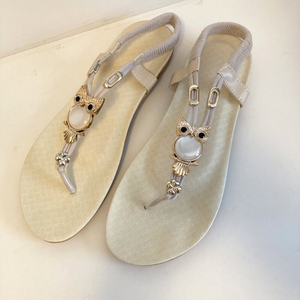 Ablanczoom Cream Boho Thong Sandas with Owl Embellishment Size US 10 / China 42